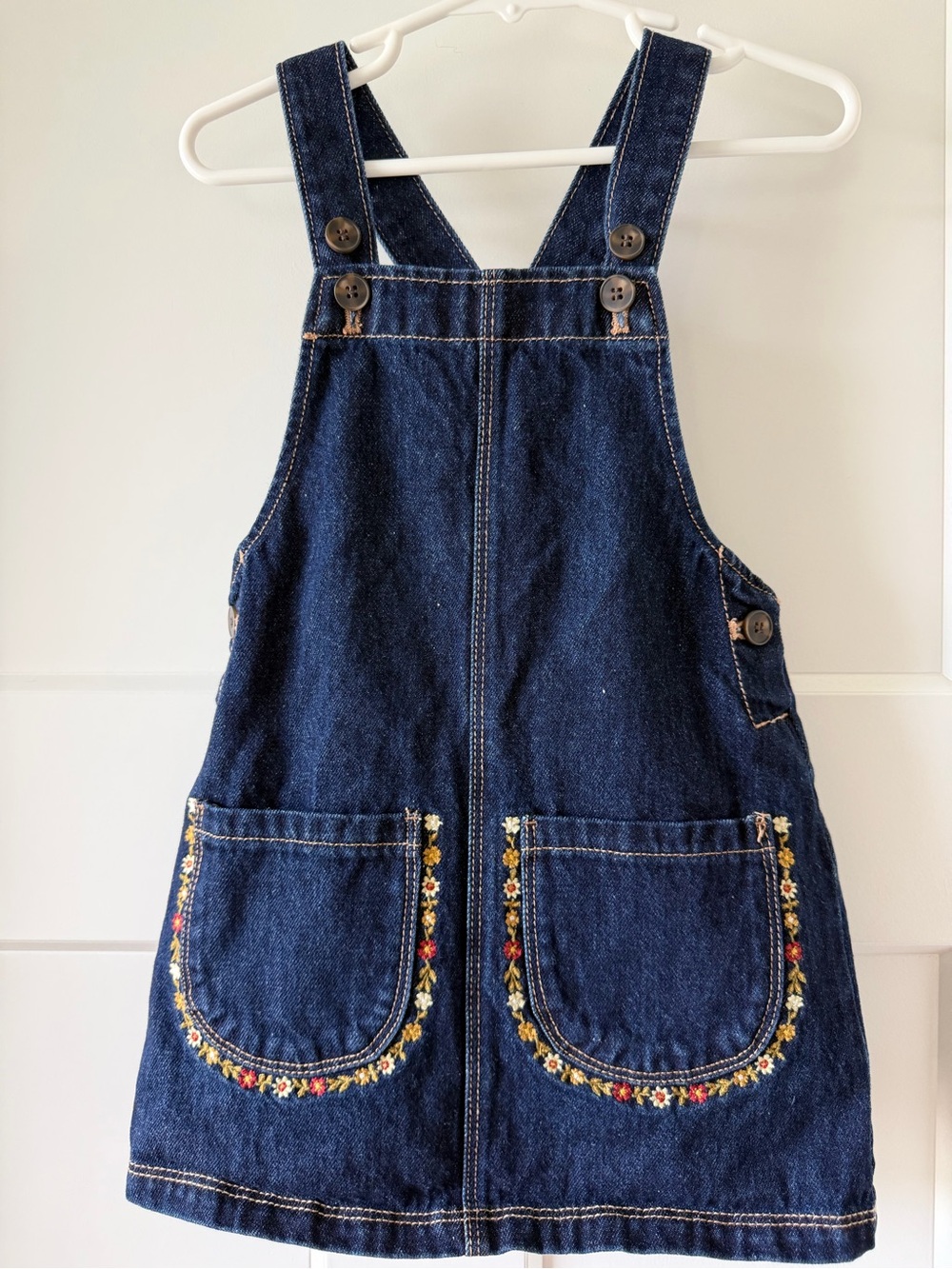 Zara Dark Blue Denim Overalls Dress with Floral Pocket Embroidery